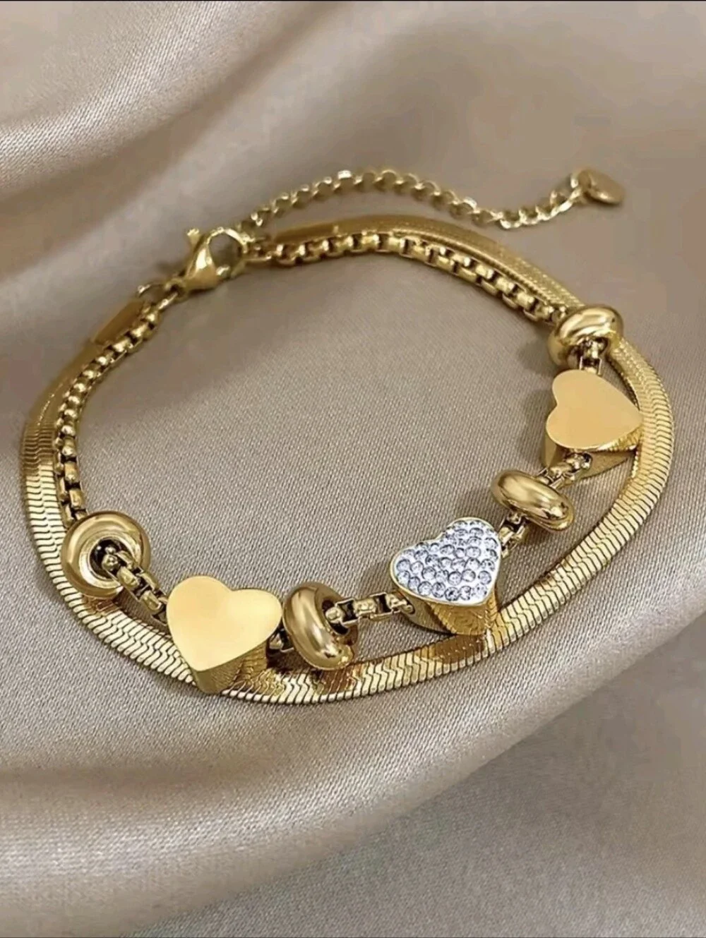 Gold Heart CZ Bead & Snake Chain Bracelet
